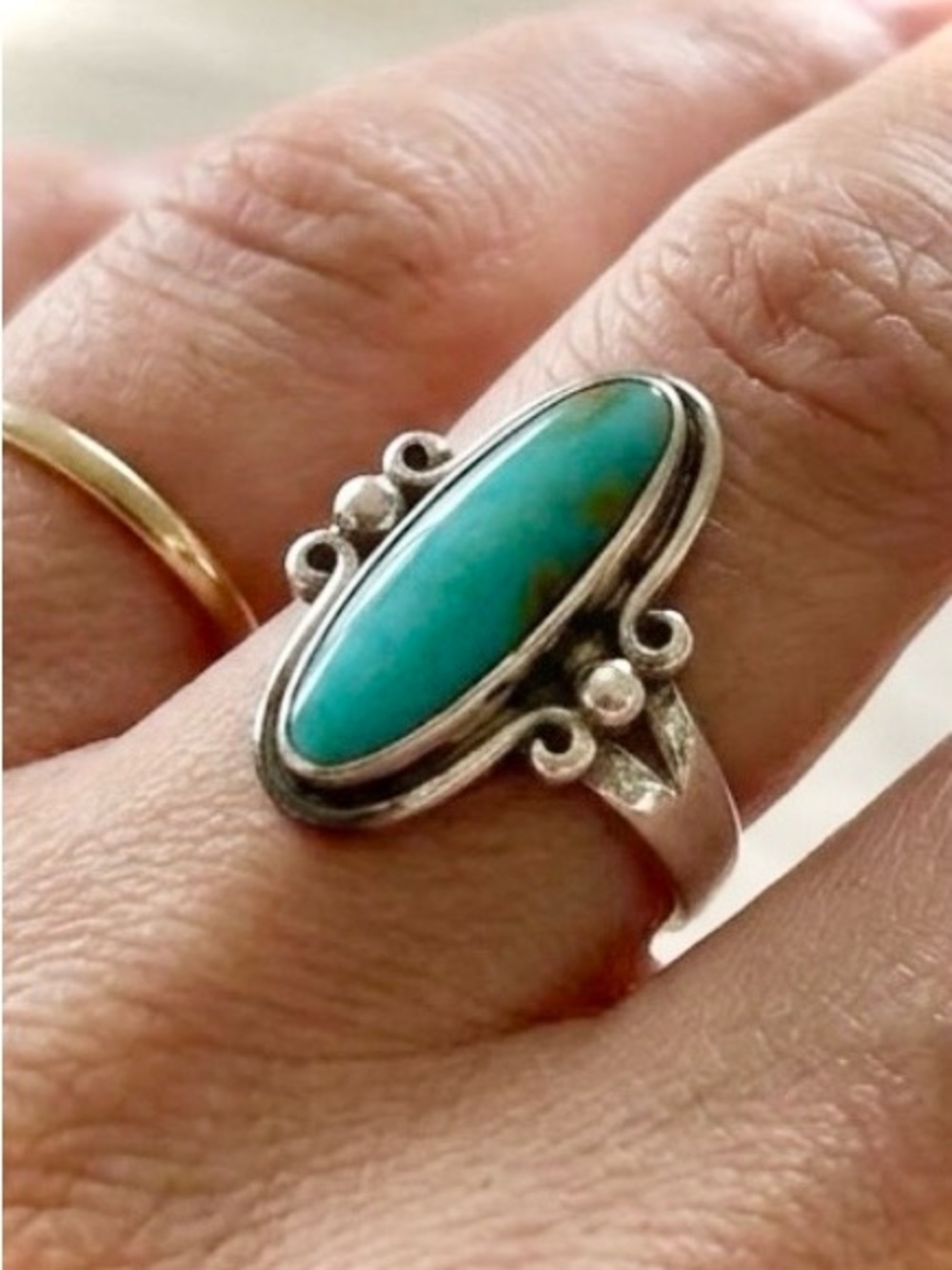 Vintage Turquoise Oval Sterling-Style Ring with Decorative Scrolls - Teal Blue